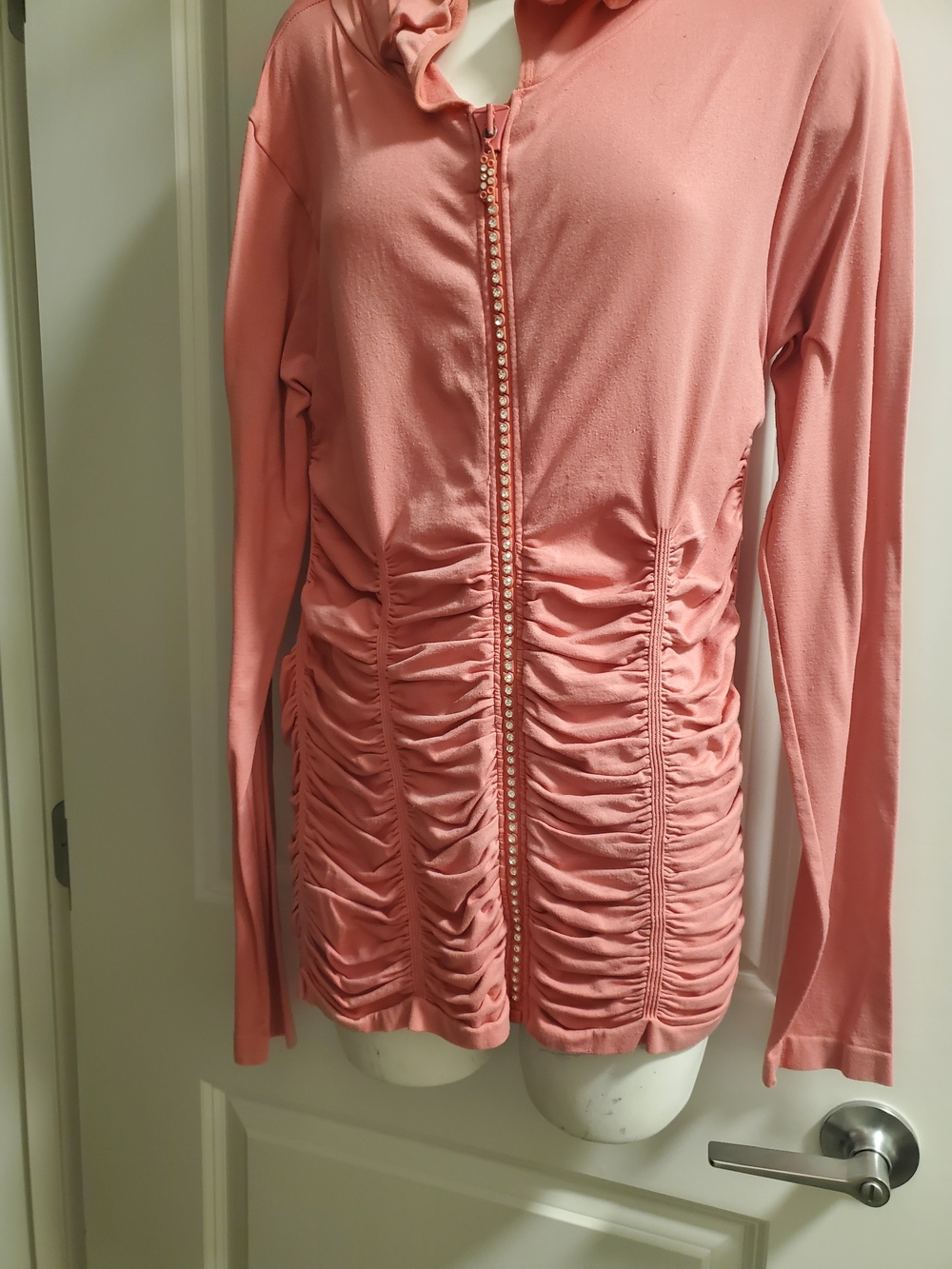 Ruched Peach Zip-Front Hoodie with Embellished Zipper